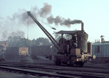 A small steam crane runs up and down the depot yard at Saharanpur on 17 February 1992. By Roger Morris - Buriton Wheelbarrow Rai