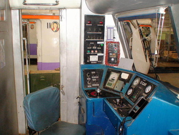 Controls and dashboard of the 9xx series Ac - Dc emu taken from the Alp's seat with two Mrvc emu's standing nearby. (Arzan Kotva