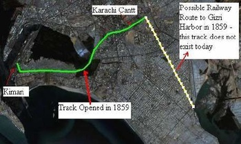 Karachi area satellite map showing railway lines in 1859
