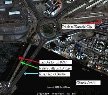 Karachi area satellite map showing railway lines by 1897