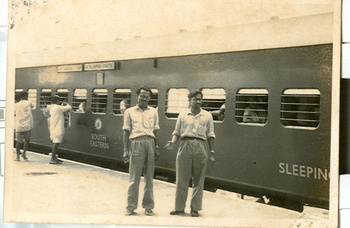 Dad with a friend at Tuni on the 3 Up Howrah - Madras Mail. 16Oct61. Uploaded by Arnab Acharya.