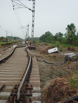 Washed out track and signal location boxes due to flood (K P Sanjay)