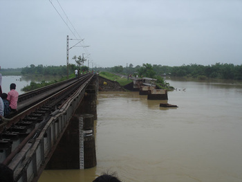 The flood on Kaliaghai river washed out 3 piers of the railway bridge (K P Sanjay)