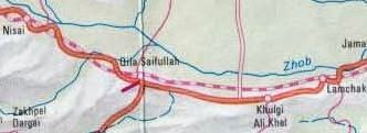 Zhob Valley Railway map detail: Nisai – Qila Saifullah – Lamchak Section