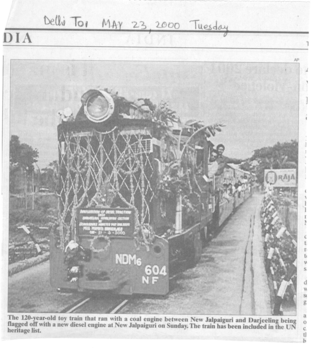 Times of India, Delhi - 23.05.2000 - Darjeeling Himalayan Railway. Provided by Harsh Vardhan.