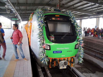 Brand new Mumbai Metro rake decorated like a New Bride. Taken at Jagruti Nagar station. (Arzan Kotval)