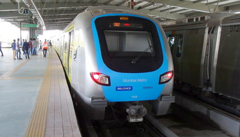 Aqua blue Metro arrives at Jagruti Nagar for its scheduled halt. (Arzan Kotval)