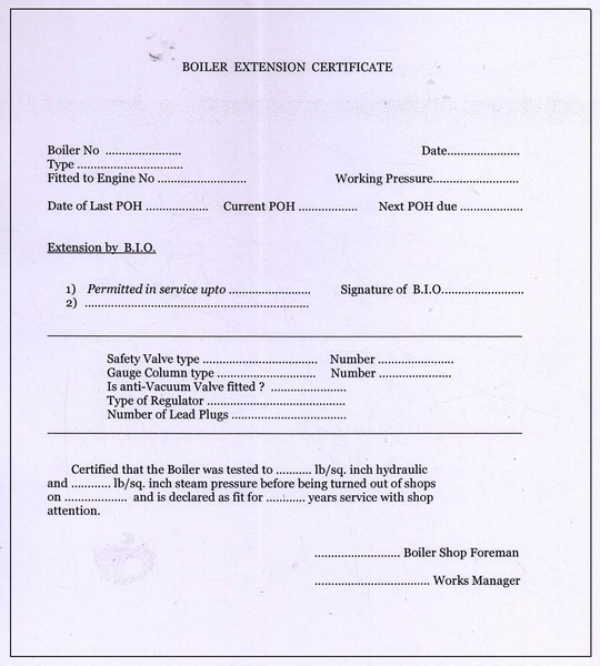 Boiler Extension Certificate
